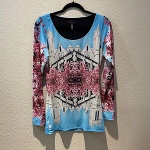 Hale Bob Blue and Pink Patterned Long Sleeve Top Size Medium